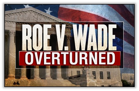 Caption: Roe v. Wade Overturned, in front of the supreme court and American flag